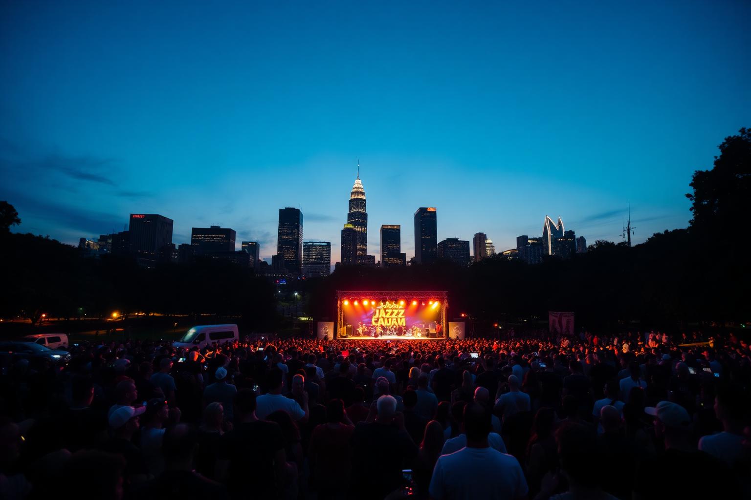 Atlanta skyline with jazz festival crowd in Midtown